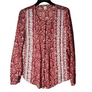 Lucky Brand Womens Sz S Floral Boho Lace Pintuck Top Button Down